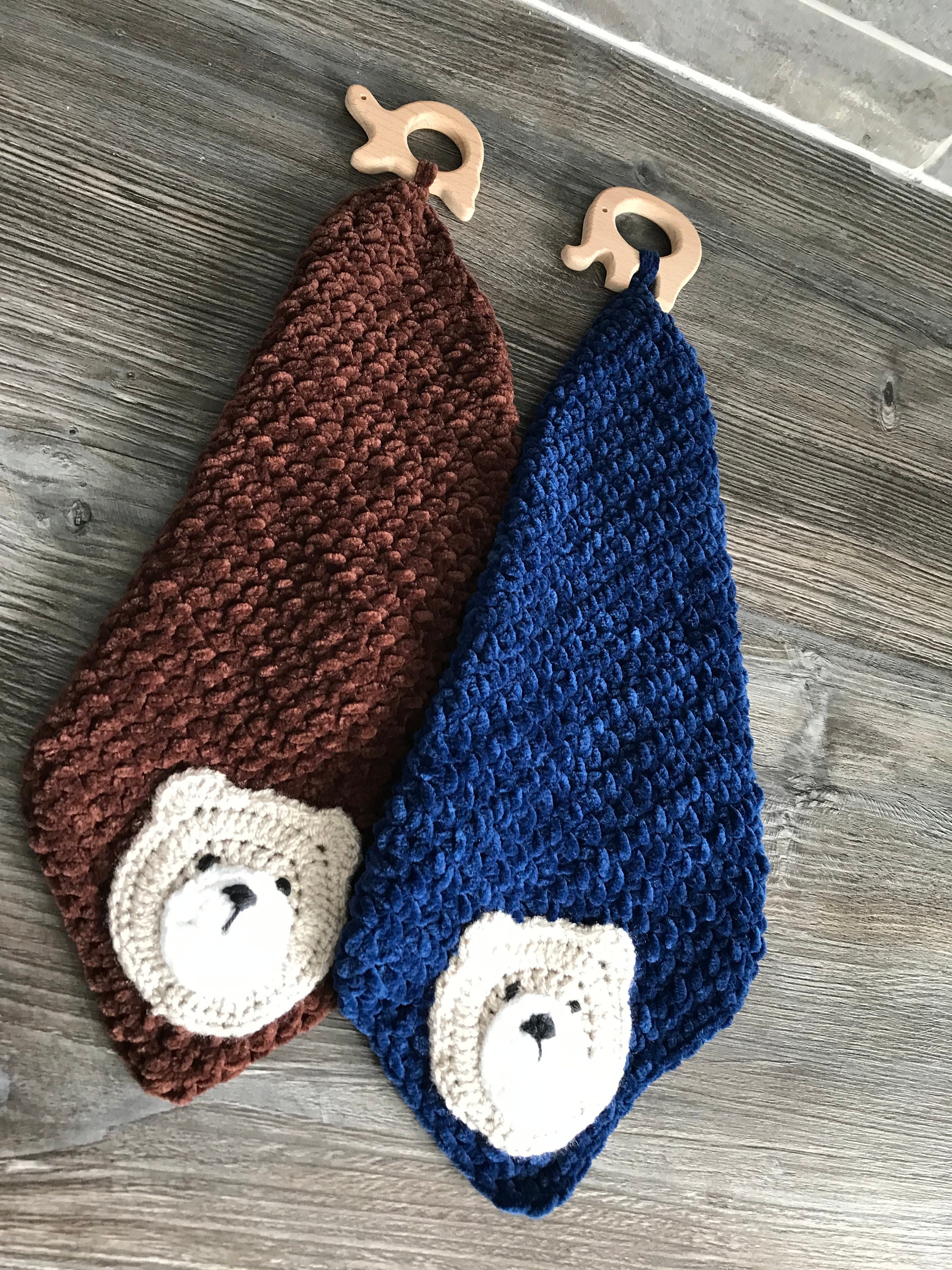 Baby comforter blanket lovies super soft with teddy bear face & wooden animal shape teething ring Handmade knitted in navy blue or brown