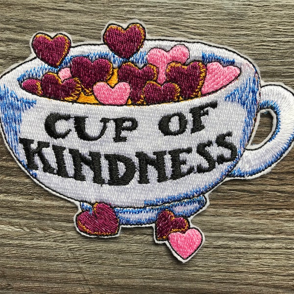Cup of Kindness Pink & Purple Hearts Embroidery Patch Iron or Sew on Clothing Clothes Jacket Coat Sweatshirt Shirt Jeans Bag Rucksack