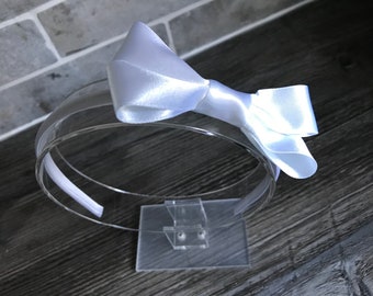 White Bow Headband Baby Girl Satin Ribbon Bow on Alice band Babies Hair Fashion Accessory Ideal Photo Prop or for Wedding - Party Wear