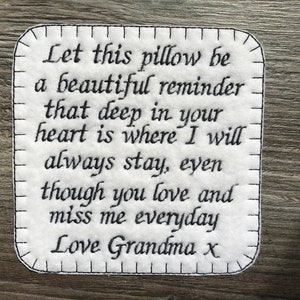 Personalised Memory Embroidery Patch for a Memory Pillow Let this pillow be a beautiful reminder etc. Iron or Sew On Square Patch