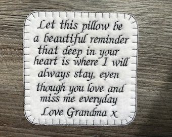 Gepersonaliseerde geheugenborduurpatch voor een geheugenkussen. Laat dit kussen een mooie herinnering zijn, enz. Vierkante patch strijken of naaien