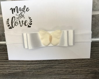 White Butterfly White Ribbon Bow Headband Pretty Hair Accessory Baby Infant Child Babies Ideal Photo Prop or Wedding - Party Wear