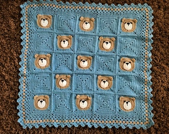 Blue Teddy Bear Babies Blanket for a Baby Boy Beautiful soft wool Handmade Crochet Hand Knitted Crocheted