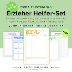 Könnte beinhalten: Digitaler Download eines "Erzieher Helfer-Set" mit 40 Seiten. Das Bild zeigt fünf verschiedene farbenfrohe, druckbare Seiten für die Planung und tägliche Informationen. Der Text enthält "5 VERSCHIEDENE FARBSTILE, JE 8 SEITEN" und "EINFACH AUSDRUCKEN".