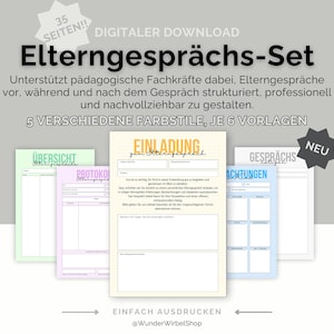Op de afbeelding: Een digitale downloadset voor oudergesprekken. De set bevat 35 pagina's met 5 verschillende kleurstijlen en 6 sjablonen per stuk. De sjablonen bevatten een uitnodiging, overzicht, protocol en meer. De tekst op de afbeelding luidt "Elterngesprächs-Set".