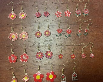 Dangle Red Flower Earrings - Gold Enamel Charm Earrings