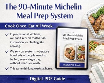 Sistema de preparación de comidas de 90 minutos para profesionales ocupados / Preparación de comidas semanal económica / Guía digital inspirada en Michelin