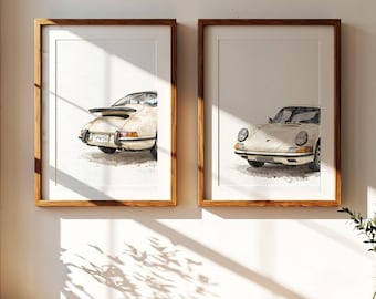 Juego de 2 láminas de arte vintage de Porsche. Decoración de pared con diseño de coche clásico.