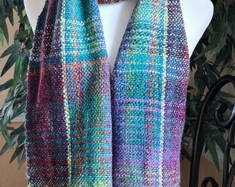 WHERE WATER SLEEPS, Handwoven, Handspun colorful scarf for all seasons
