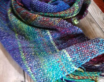 WHERE WATER SLEEPS, Handwoven, Handspun colorful scarf for all seasons