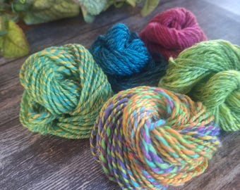 MINI SKEIN BUNDLE, Handspun  - Playful - 150 yds total, 25 yd skeins - soft wool accents
