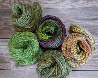 GREEN TOMATOES Mini Skein Bundle of 5 Handspun yarns, 25 to 30 yards each