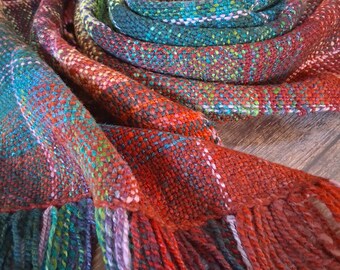 SHERWOOD MISCHIEF -Unique Handwoven, Handspun Artisan Scarf, 13x80 inches