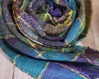 NORTHERN LIGHTS AURORA - Handspun Handwoven Scarf, Teal violet Green Soft Lightweight