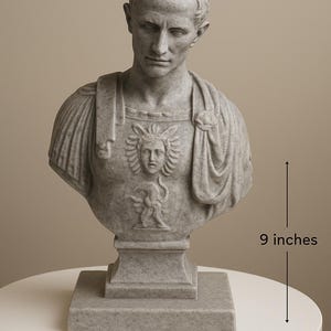 May include: A grey bust of a man, approximately 23 cm tall, with detailed facial features and a toga-like garment. The bust is mounted on a square base and features a relief design on the chest.