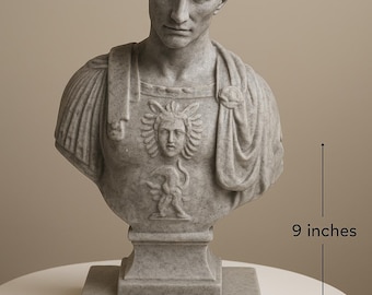 Pode incluir: Busto cinzento de um homem, com aproximadamente 23 cm de altura, com traços faciais detalhados e uma vestimenta semelhante a uma toga. O busto é montado numa base quadrada e apresenta um desenho em relevo no peito.