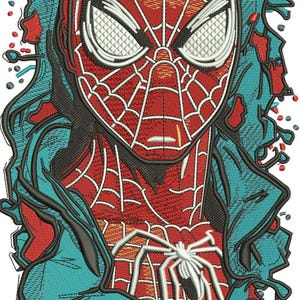 May include: Embroidered design of Spider-Man's face and torso, featuring a red and white web pattern on a red background. The design is framed by a teal and black outline, with a white spider emblem on the chest.