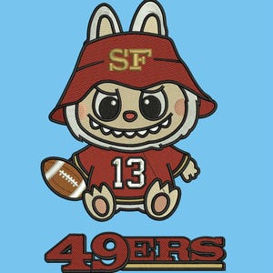 May include: Embroidered cartoon character wearing a red football jersey with the number 13 and a matching hat with "SF" on it. The character is holding a football and the word "49ERS" is below it, all on a light blue background.
