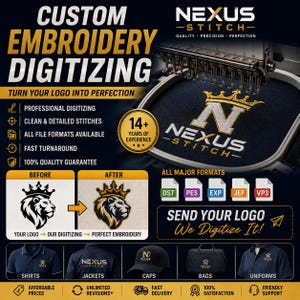 Puede incluir: Un gráfico promocional para servicios de digitalización de bordados personalizados de Nexus Stitch. Incluye un bastidor de máquina de bordar con un logotipo cosido, una comparación antes y después de un logotipo de león e iconos de ropa y bolsos.