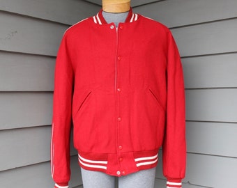 vintage 1950's -Ray Maier- Men's athletic Letterman jacket. Red Melton Wool & Gray poplin reversible. Chain embrodery in pocket. 42 Regular