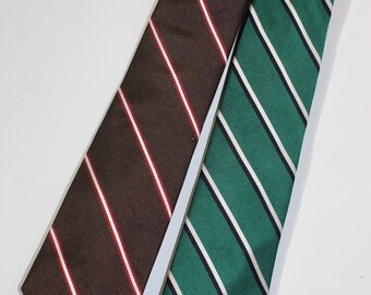 vintage 70's - 80's -Rooster- neck ties.  Silk / Poly blend "Repp" stripe. One Green, one Brown, both NOS.  'Modern' narrow - 3/18" wide