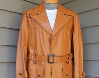 vintage 1970's -McGregor- Men's leather overcoat. 'New Old Stock'. Super Seventies style! Big lapel with full belt. Size 42