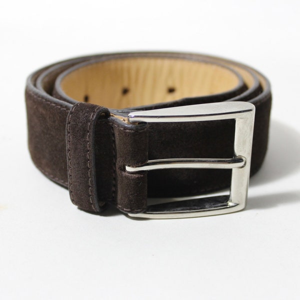 newer vintage -Meermin- Men's belt. Expresso Brown leather suede. Silver finish brass buckle. 30"/75cm. Made in Spain