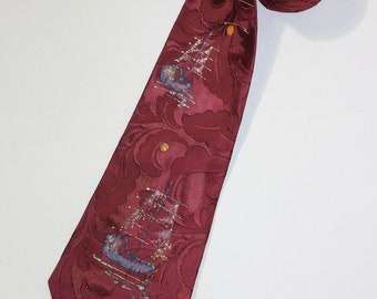 vintage 1930's -The Royal / by Hapson- Men's neck tie. Hand painted - Rayon brocade. Tone-on-tone Burgundy floral pattern. 3 3/4" wide