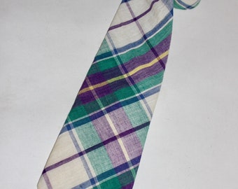 vintage 80's - 90's -Jacobs Roberts LTD- Men's neck tie.  India Madras - White, Green, & Purple. Handwoven - All Cotton. Charleston retailer