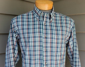 vintage 70's - 80's -SERO- Men's Button down collar, long sleeve shirt. 'Superfine Poplin' plaid. Green & Blue.  Large. Made in USA