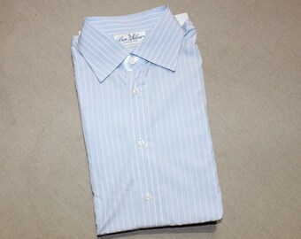 vintage -Ben Silver- Men's long sleeve dress shirt. Spread collar - French cuff.  Blue & White striped - Cotton.  Medium 15 1/2 x 34