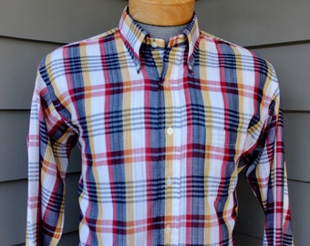 vintage 60's - 70's -unlabeled- Three button collar, long sleeve shirt.  Rear locker loop. Colorful, Madras style plaid. Large 16 1/2 x 35
