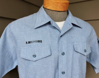 Vintage Button up / Chambray Work Shirt / 1970s Sears Chambray