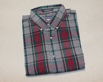 vintage 1980's -Enro- Men's button-down collar, long sleeve. 'Chatham Cloth' poplin - Burgundy, Blue, Green & White plaid. Large