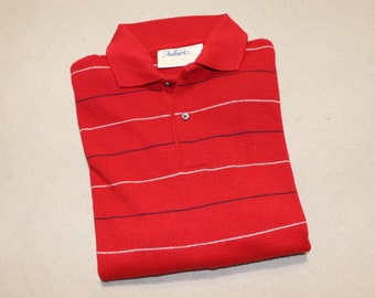 vintage 1980's -Andhurst- Men's long sleeve polo sweater shirt. Big collar. Acrylic knit - Red with Blue & White pencil hoops. Large 42 - 44