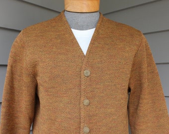 vintage 1960's -Columbia Knit- Men's 'Thunderbird' wool cardigan sweater. High button fastening. Brindled Gold/Red/ Olive. Medium - Large