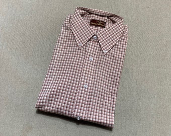 vintage 1970's -Andhurst- Men's button-down collar, long sleeve shirt w/ locker loop 'New Old Stock' Plaid on Pink poplin.  Large - 16 x 33
