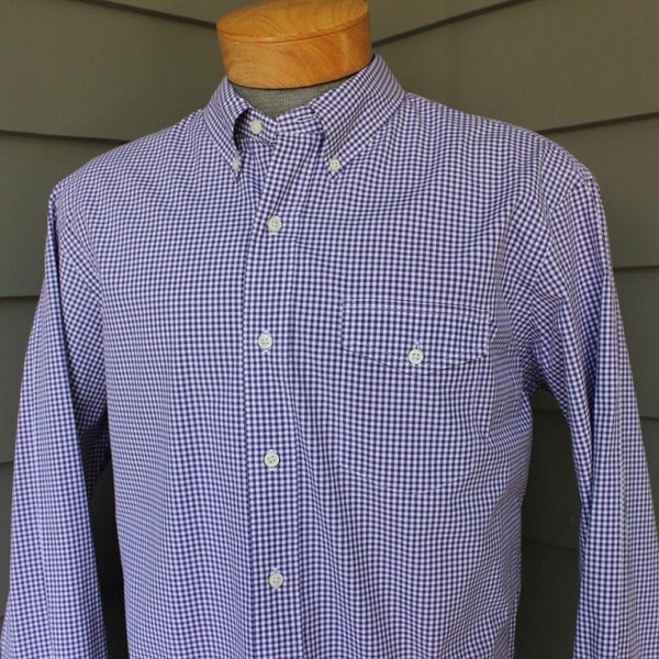 retro vintage Ivy Style Men's 3 button collar, long sleeve shirt w/ locker loop. Cotton poplin - Purple mini-gingham. Extra Large - 17 1/2