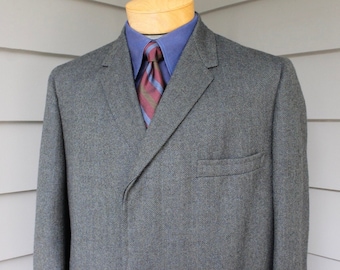 vintage 1960's -Vanfield- Men's tweed overcoat. Black, Blue, & Green fine herringbone. Narrow lapel - Fly front. Size 42 - 44