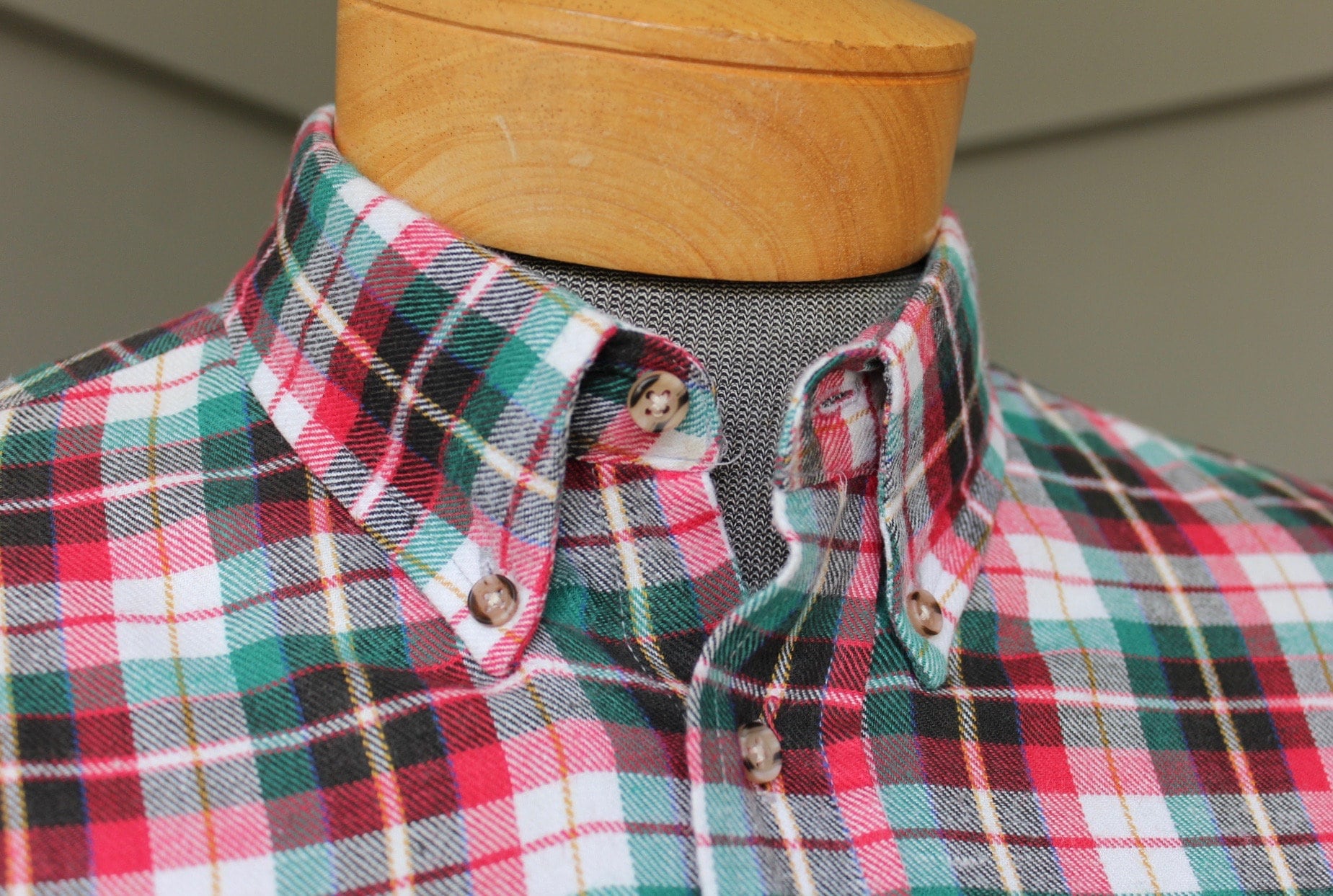 vintage 70's -80's -Stanley Blacker- Men's button down collar, long sleeve shirt. Christmas Plaid - All Cotton. Medium