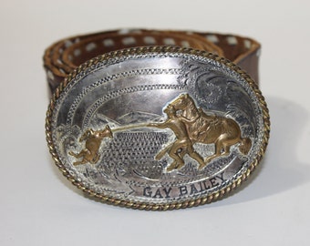 vintage -Sunset Trails- Western buckle & belt. Sterling Silver / 10K Gold. 'GAY'  Tooled leather - Whipstitch edging. Small 28" Unisex