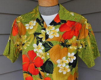 vintage 1970's -Sears 'Hawaii'- short sleeve Aloha shirt. 'New Old Stock'. Vibrant floral print on polished cotton. Large. Made in USA
