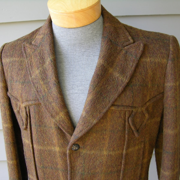 vintage ROCKABILLY DeLuxe 1950's abrigo occidental para hombre. Shaggy - Piel picada - Cuadros. Allen Mfg., Denver, CO. Pequeño - Largo