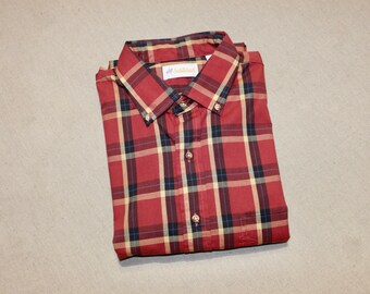vintage 70's - 80's -Saddlebred- Men's button-down collar, long sleeve shirt w/ locker loop 'New Old Stock' Plaid poplin - Brick Red. Large