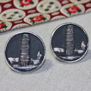 vintage 1950&#39;s -Hickok- BIG cuff links. Leaning Tower of Pisa in relief. Hand-painted Black & Pink