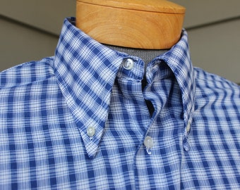 vintage 1970's -K-Mart- Men's long sleeve shirt. BIG Button-down collar. Blue & White grid plaid. Worn to perfection. Large 16