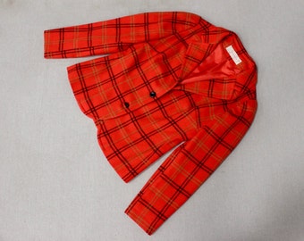 vintage 60's - 70's -Young Pendleton- Ladies 3 button, cropped sport coat. Bold windowpane grid on Red. Girls / Junior / Misses Size 7 - 8