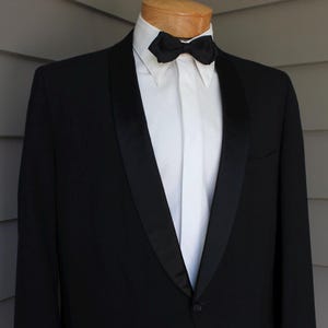 vintage 1960's -After Six / by Rudofker- Tuxedo jacket. Black on Black: Narrow satin shawl collar - worsted wool blend. 44 Long. Made in USA