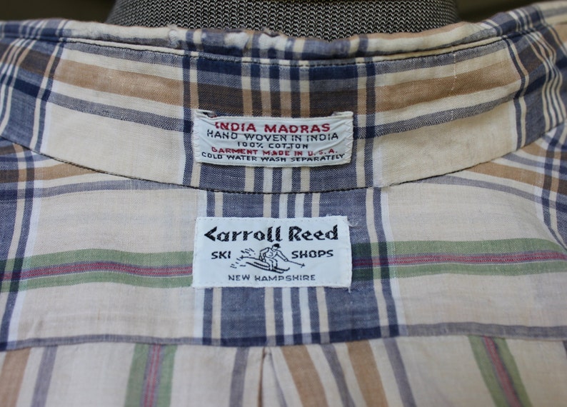 vintage 1970's Carroll Reed Men's India Madras button down collar long sleeve sport shirt. New Hampshire. Medium Large image 5