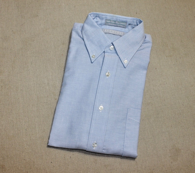 vintage 1970's Andhurst Men's button-down collar, short sleeve shirt w/ locker loop. 'New Old Stock' Light Blue Oxford cloth. Medium 15 image 1